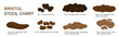 Bristol stool scale, stool types infographic. Set of different types human feces, excrement in normal and diseases of diarrhea and constipation. Brown heap of shit .Vector illustration.