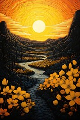 Poster - a river running through a valley with yellow flowers