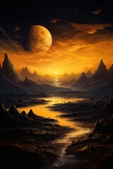 Poster - a river running through a valley with mountains and a moon