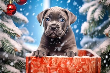 Wall Mural - dog with christmas gift