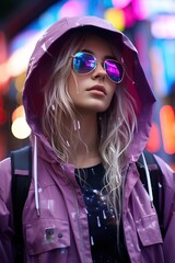 Sticker - a woman wearing sunglasses and a purple jacket