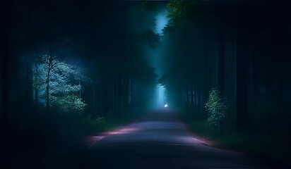 Sticker - Mysterious dark forest with a path leading towards the light at night