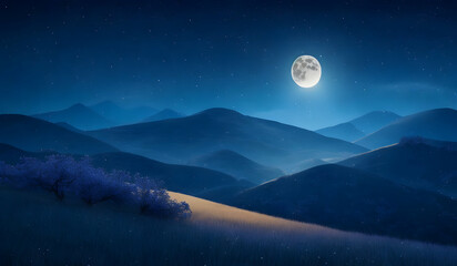 Poster - Fantasy landscape with mountains and moon in the night sky