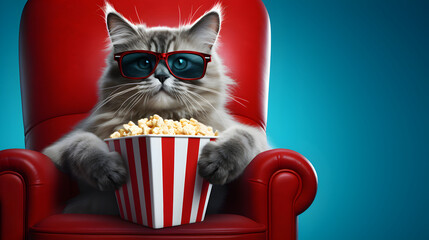 Wall Mural - Cat watches a movie with popcorn sitting on red armchair, blue background