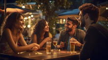 Cheerful Friends Holding Beer Glasses At A Pub. Young Group Of People Enjoying At A Bar Table In The Evening