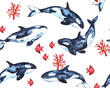 Watercolor seamless pattern with wild sea animals killer whales for prints, posters, cards.