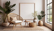 empty white wall mockup in boho room interior with wicker armchair beige pot with plants and coffee table natural daylight from a window promotion background generative ai