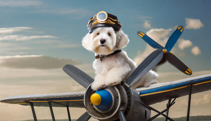 a white dog wearing a pilot s hat and sitting on a propellor generative ai