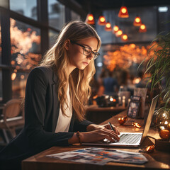 Wall Mural - female working on laptop in a office in the evening