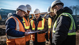 Fototapeta  - Construction manager talks to his team, discussing progress and plan at construction site