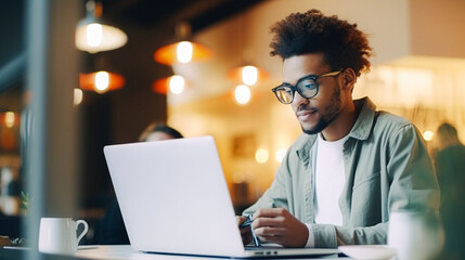 Wall Mural - portrait of a afro american student working on laptop at the mensa of the university