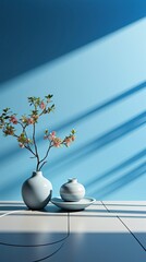 Wall Mural - Minimalistic abstract gentle light blue background for product presentation with light and intricate shadow from tree branches on wall. Background with shadow. Generative AI