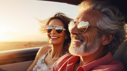 A happy, old husband and wife couple enjoying their retirement - driving a convertible while on a road trip.