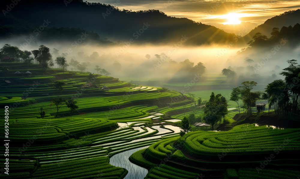 High panoramic view of beautiful green rice paddy fields in Asia ...