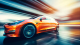 Fototapeta  - Futuristic sports car on highway, powerful acceleration of a supercar on a day track with motion blur lights and trails