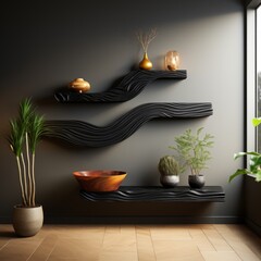 Wall Mural - Wavy wall shelves with decor