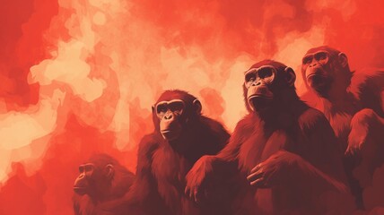 Wall Mural - Red smokey background monkeys transparent illustration picture AI generated art