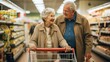 elderly couple in their 70s strolling through a supermarket hand in hand, their shopping cart filled with groceries and household items
