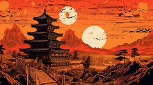 Japanese Buddhist Temple Mountain Sunset Beautiful Painting Wallpaper Image AI Generated Art