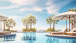 © Artofinnovation - Luxurious all inclusive hotel with swimming pool and lounge, umbrellas near beach and sea with palm trees and blue sky