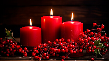 Wall Mural - red candle and christmas decorations on black table