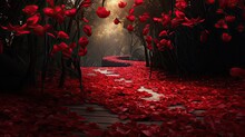 Petals Of Red Flowers Lead A Path Through The Image, Inviting For A Valentines Meeting. Romantic Red Charm. Happy Valentine's Day, Fashion Event Background, Romantic Design Art. 