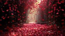 Petals Of Red Flowers Lead A Path Through The Image, Inviting For A Valentines Meeting. Romantic Red Charm. Happy Valentine's Day, Fashion Event Background, Romantic Design Art. 