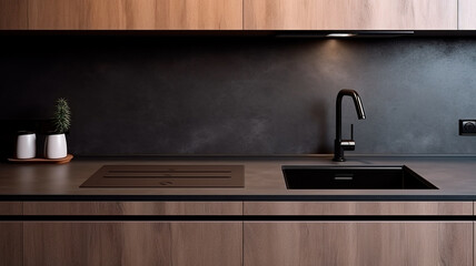 Wall Mural - modern kitchen interior with sink and faucet on wooden wall.