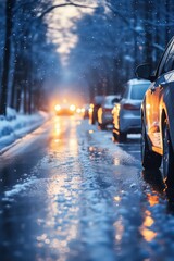 Wall Mural - Dynamic shot of a car maneuvering in winter city traffic after rain by Generative AI