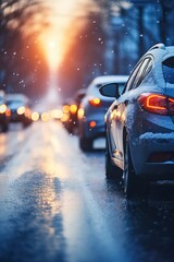 Wall Mural - Dynamic shot of a car maneuvering in winter city traffic after rain by Generative AI