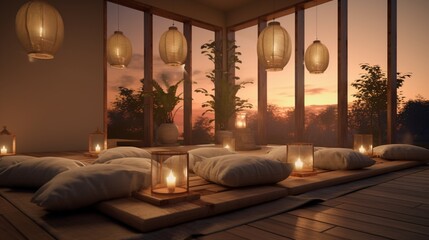 A tranquil meditation room furnished with plush floor cushions, softly lit lanterns, and natural wood accents, offering a sanctuary for inner peace and reflection