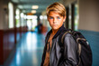 Jeune garçon contrarié, collégien, adolescent  avec un sac a dos dans son école, harcèlement scolaire