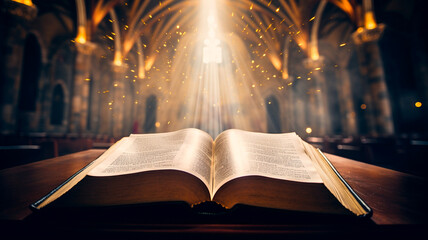 Wall Mural - open book on table in old church with sunlight