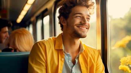 Wall Mural - man with backpack and headphones in the train