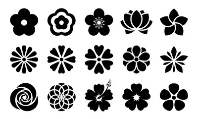 Wall Mural - Flowers black icons collection. Stylized flowers isolated on white background. Best for seamless patterns, print, tattoo, web, logo creating and brand design.