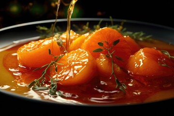 A delicious bowl of stew made with fresh oranges and flavorful herbs. This image can be used to showcase a healthy and hearty meal option.