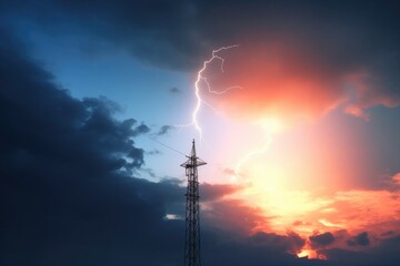 Wall Mural - A striking image of a tall tower with a dramatic lightning bolt in the sky. Perfect for illustrating power, energy, and the force of nature.