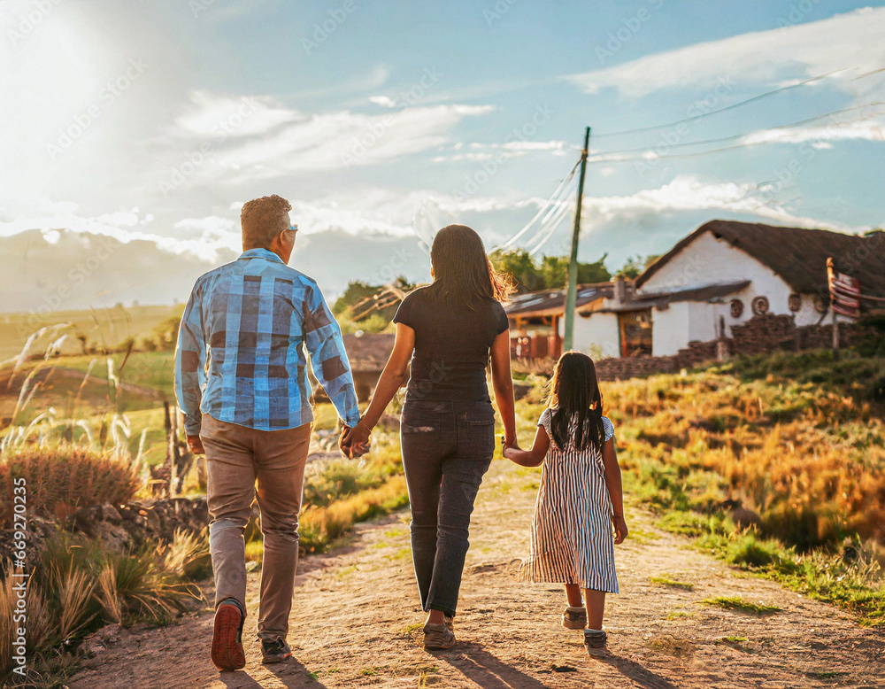 Small family enjoying a walk in the countryside during a clear morning ...