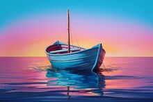 Painting Of A Small Blue Wooden Boat On Water In Sunsert Or Sunrise. Aquarelle Or Watercolor Technique. Minimal Concept Of Peace And Calm Mood