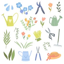 ИллюстрациGarden Tools Collection, Doodle Icons Of Equipment For Gardening And Farming, Wheelbarrow, Secateurs, Watering Can, Set Of Tools For Horticulture, Isolated Colored Clipart On Wя без названия