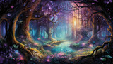 illustration of a fairy forest in purple color