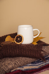 Cozy winter lifestyle concept. Cup of hot drink with warm knitted clothes.	