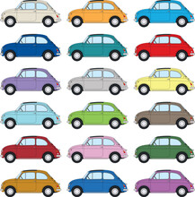 Texture With Old Coloured Fiat 500 Coloured, Italian Famous And Popular Car, Vector Illustration