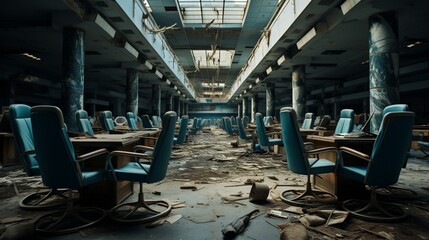Wall Mural - A deserted call center with chairs turned upside down on the tables.