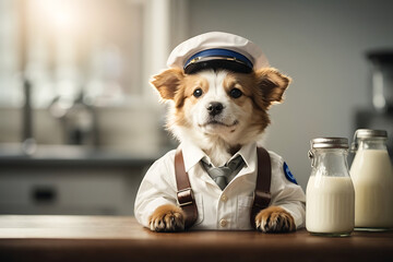  mascot of milkman with white hat and overalls