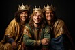 Portrait of three young adult men on three wise men costume. Reyes magos. Studio shot. Generative AI.