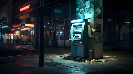 ATM on the street at night. The concept of 24/7 access to money in your bank account.