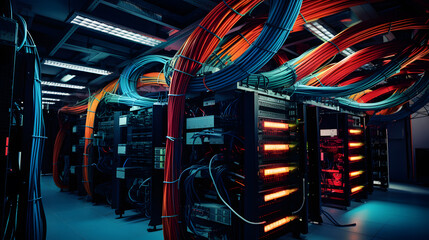 Ideal cable management in the server room. The result of the work done by the system administrator with a large number of colored wires