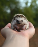 Fototapeta Mapy - Hand holding an adorable hedgehog. Human-animal interaction, unique pet 