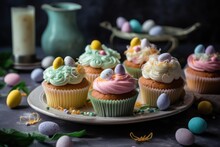 A Platter Of Easter-themed Cupcakes Decorated With Small Pastel Colored Chocolate Eggs.